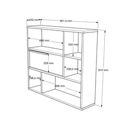 Illustration des dimensions, Compartiments ouverts et fermé de l’étagère bibliothèque SELENE