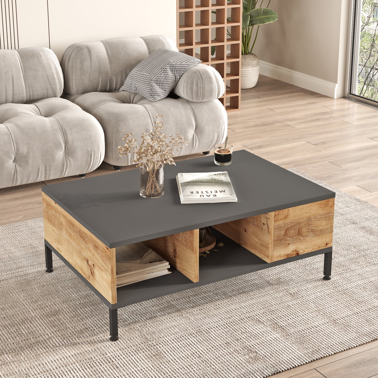 Table basse ANNA en acier noir et plateau gris dans un salon lumineux