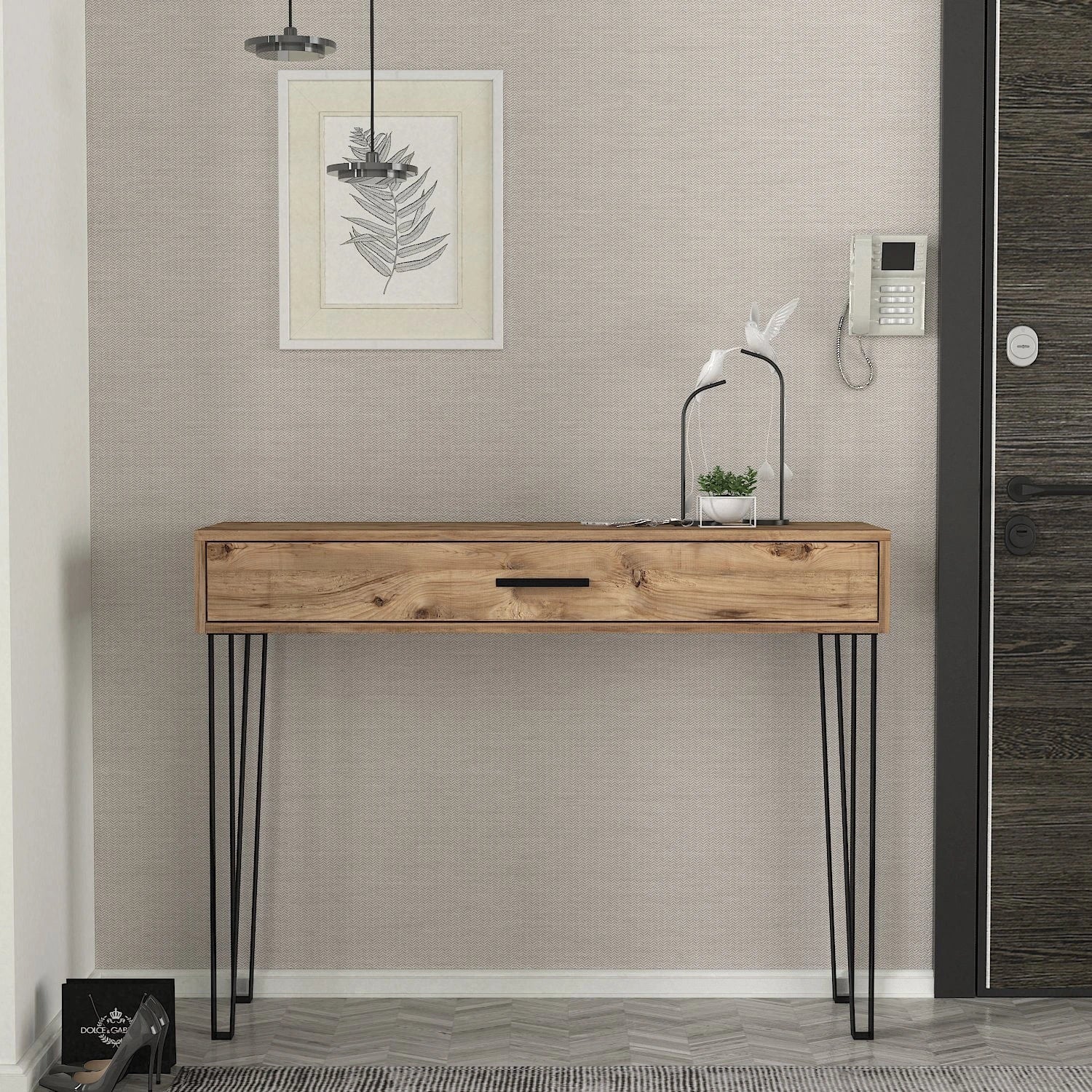 Console PRAGUE en bois massif avec pieds épingle en métal noir – vue d’entrée