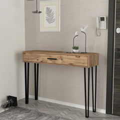 Console d’entrée PRAGUE avec tiroir et structure bois acier – ambiance chambre