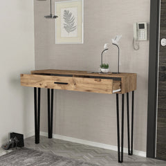 Console vintage PRAGUE bois clair et métal noir – détail du piètement