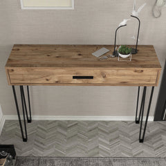 Console PRAGUE en bois foncé et métal noir avec tiroir - design industriel élégant pour entrée moderne