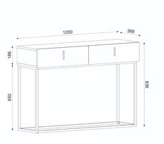 Vue technique avec dimensions de la console CORDOUE en bois et acier