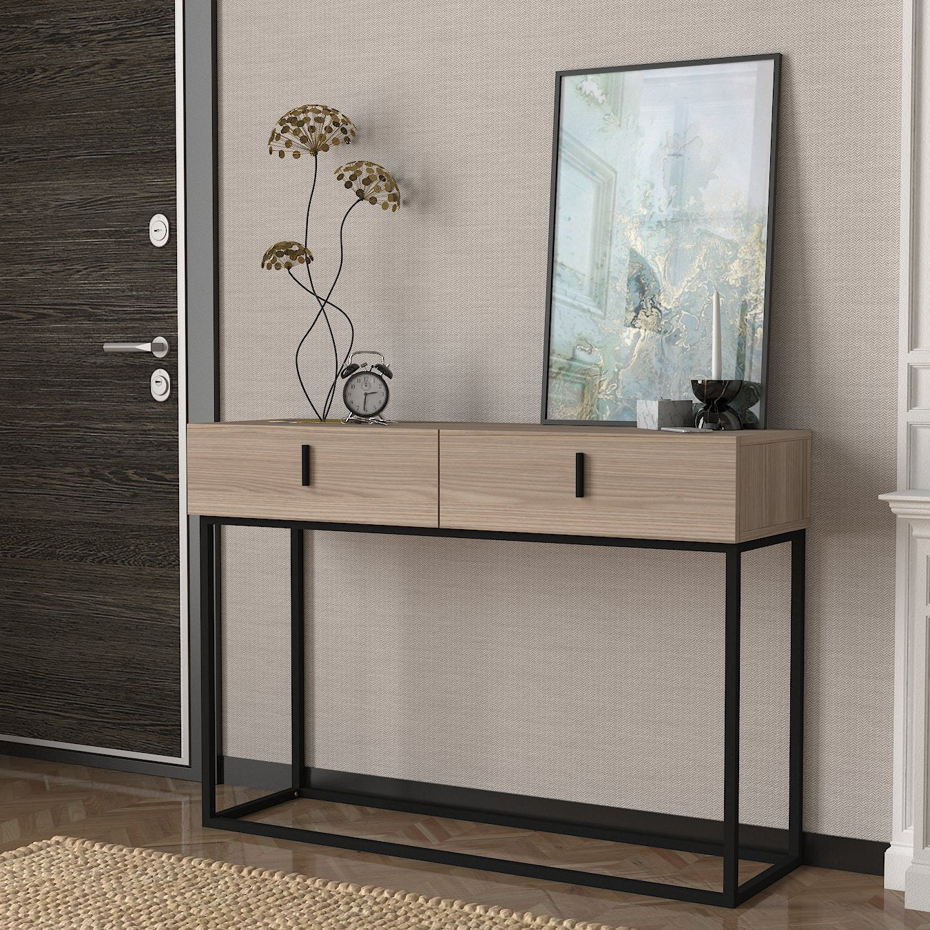 Console moderne CORDOUE en bois avec cadre en acier dans un décor élégant