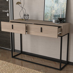 Console en bois et acier CORDOUE avec tiroirs ouverts, design fonctionnel