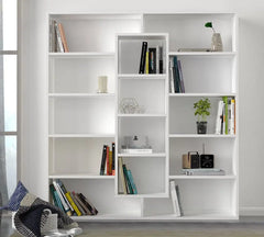 Bibliothèque blanche contemporaine BIBLIÉLÉGANCE vue de face, design épuré et modulable avec compartiments de rangement.