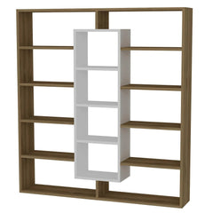 Bibliothèque moderne couleur bois et blanc, avec structure en bois naturel et niche centrale blanche, idéale pour un salon contemporain.