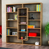 bibliotheque design couleur bois vu de face dans salon moderne