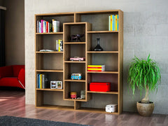 bibliotheque design couleur bois vu de face dans salon moderne