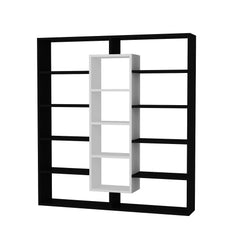 Bibliothèque moderne Bibliélégance noir et blanc en bois épais 18 mm, parfaite pour une décoration contemporaine, avec étagères asymétriques pour livres, déco et objets du quotidien.