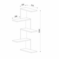 Schéma technique des dimensions de l’étagère murale bois foncé 5 niveaux.