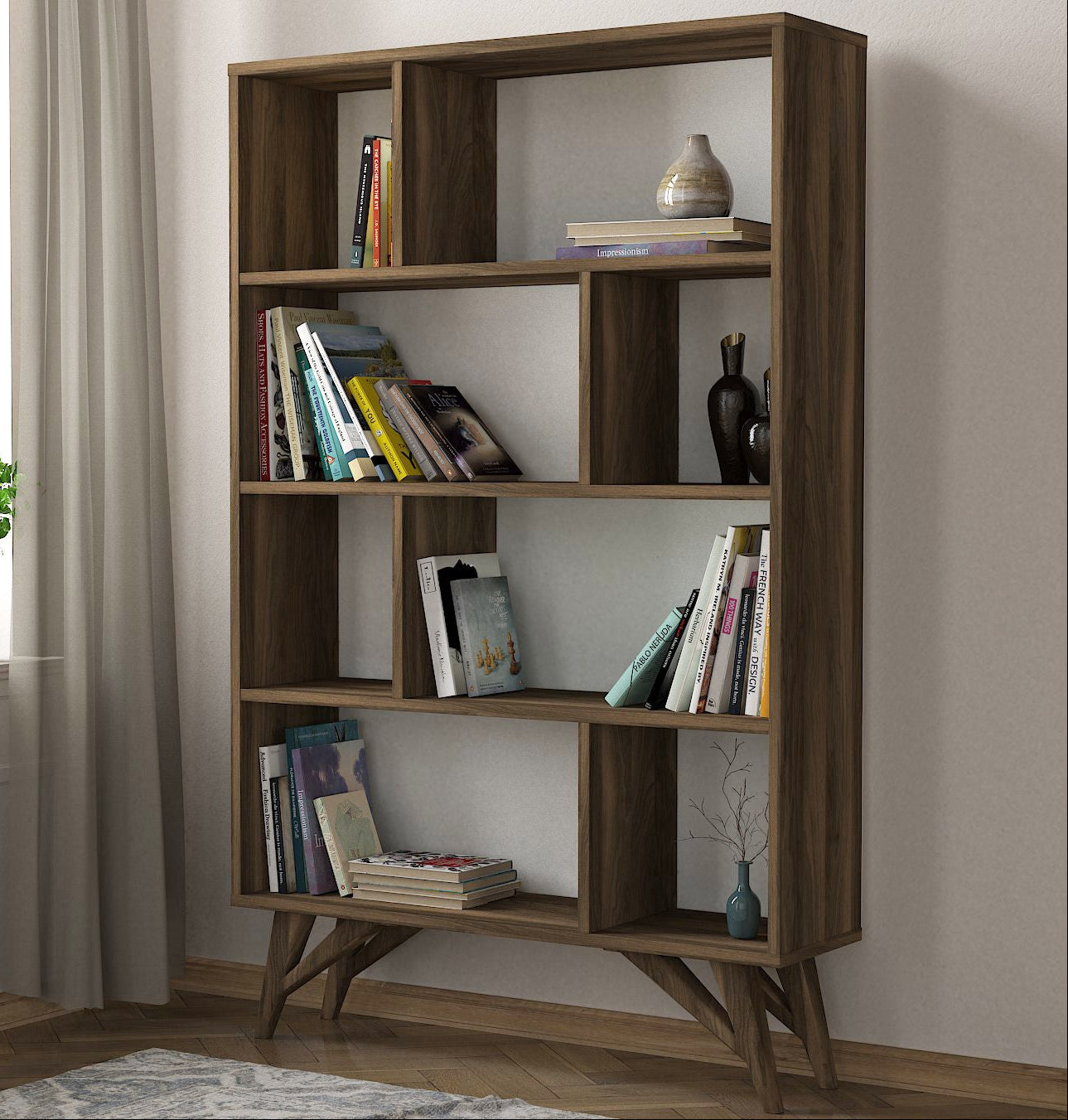 Étagère scandinave en bois foncé robuste BiblioNordique avec livres et déco