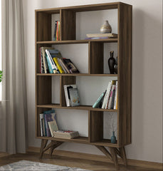 Étagère scandinave en bois foncé robuste BiblioNordique avec livres et déco