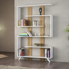Bibliothèque SCANDINA en bois blanc et bois clair, design scandinave pour un intérieur élégant avec plusieurs niveaux de rangement pour livres et objets déco.