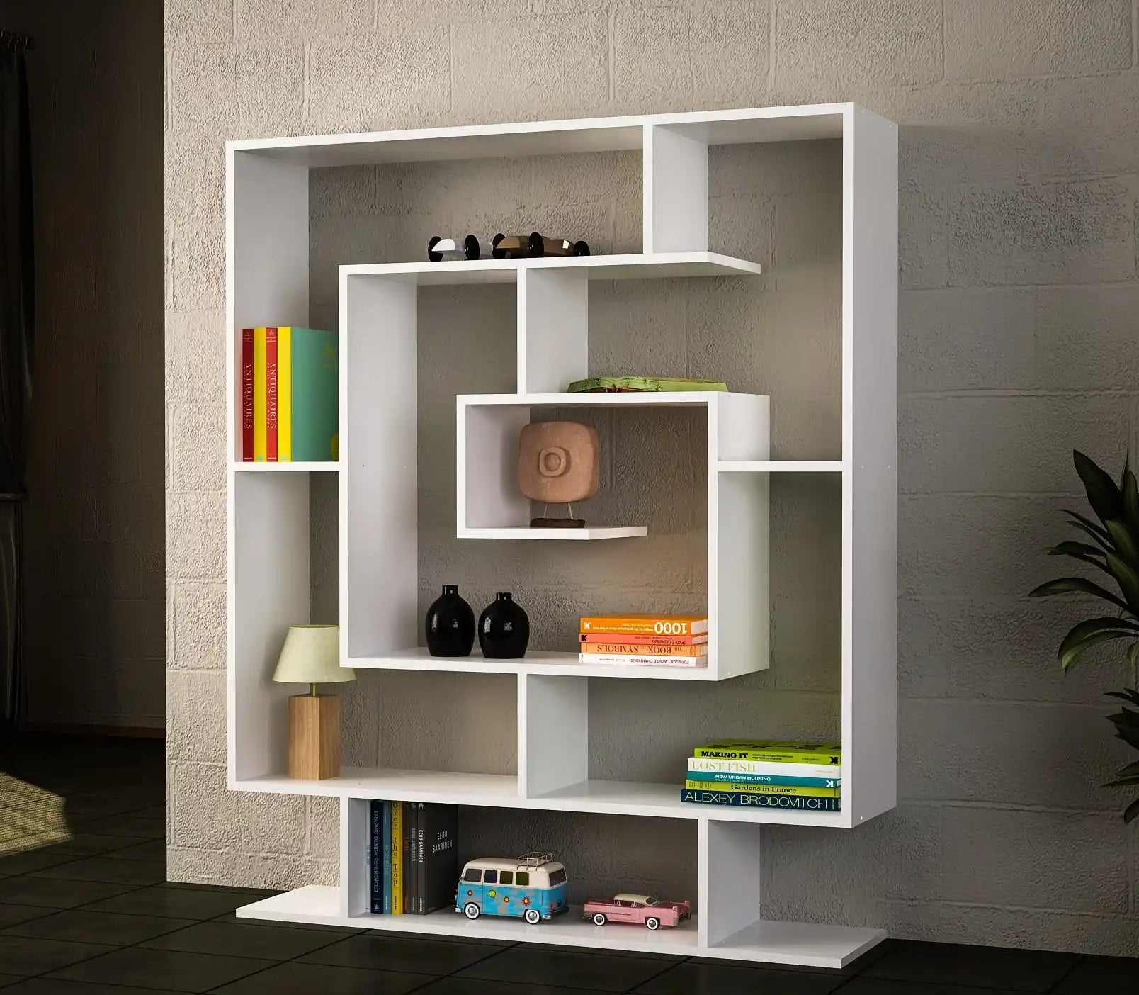 Bibliothèque ÉLÉGANLIVRES blanche - Vue d’ensemble avec objets déco, Idéale pour livres et décoration
