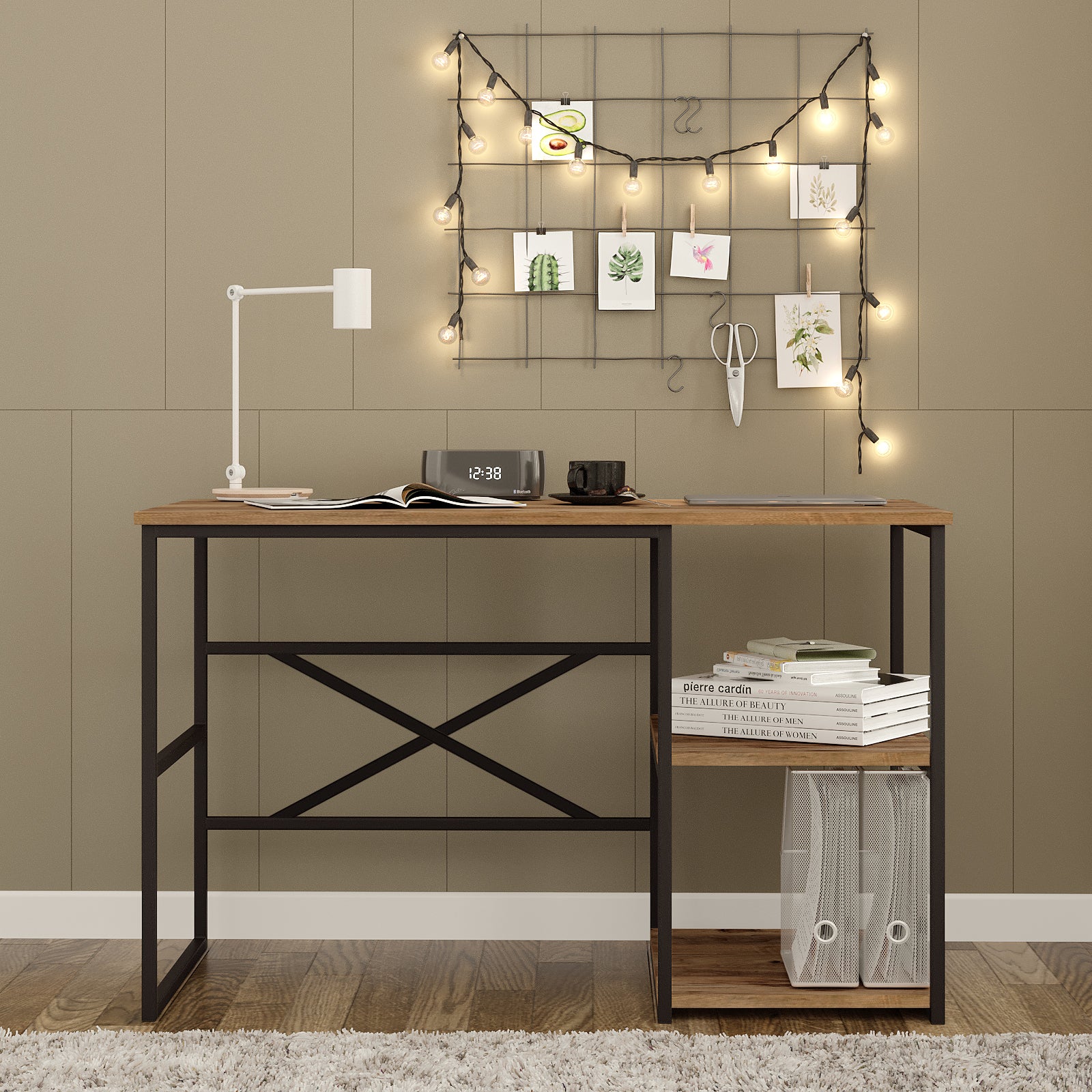 Bureau en bois et métal AUSTIN avec éclairage et décoration murale