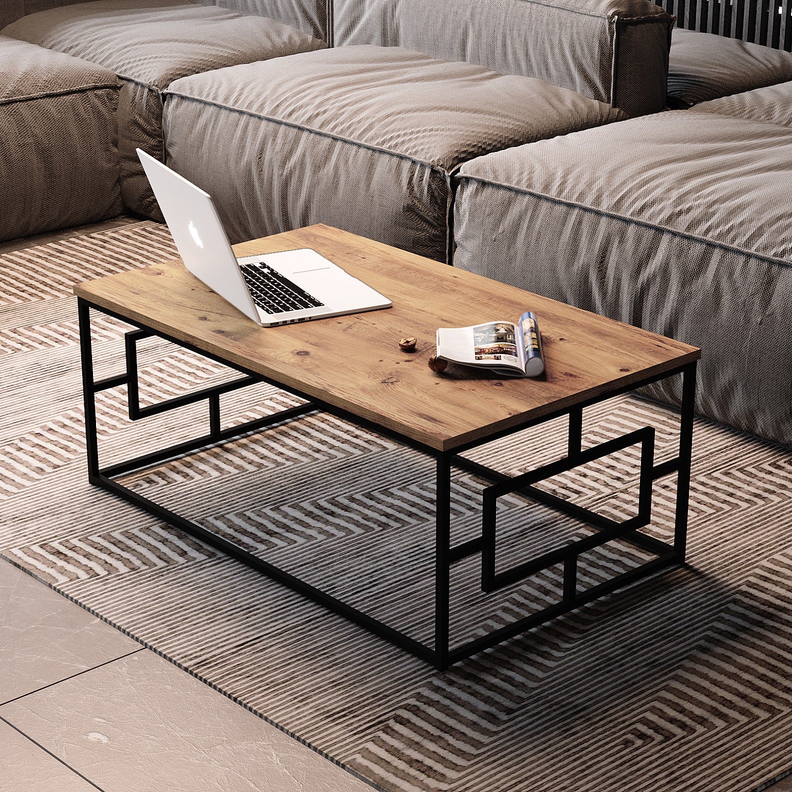 Salon moderne avec table basse BRISTOL bois clair et métal noir, ambiance cosy et urbaine.