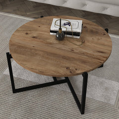 Bois- Table basse ronde en bois clair et acier dans un salon élégant