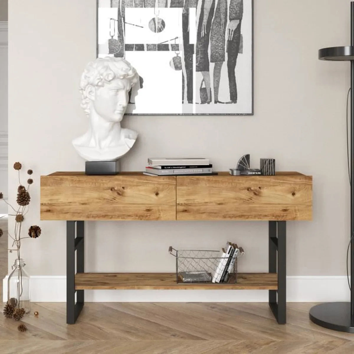 Console SÉOUL en bois clair et acier noir avec objets déco – 140 cm design industriel. lebomeuble