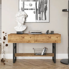 Console SÉOUL en bois clair et acier noir avec objets déco – 140 cm design industriel. lebomeuble