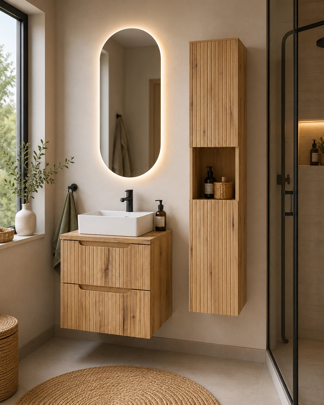 Ensemble salle de bain Nova bois clair 50 cm vasque blanche avec colonne