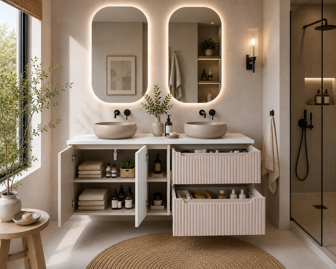 Meuble salle de bain Nova cachemire et blanc 140 cm double vasque niche fermée