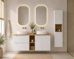 Ensemble salle de bain Nova blanc 140 cm double vasque à poser niche ouverte et colonne