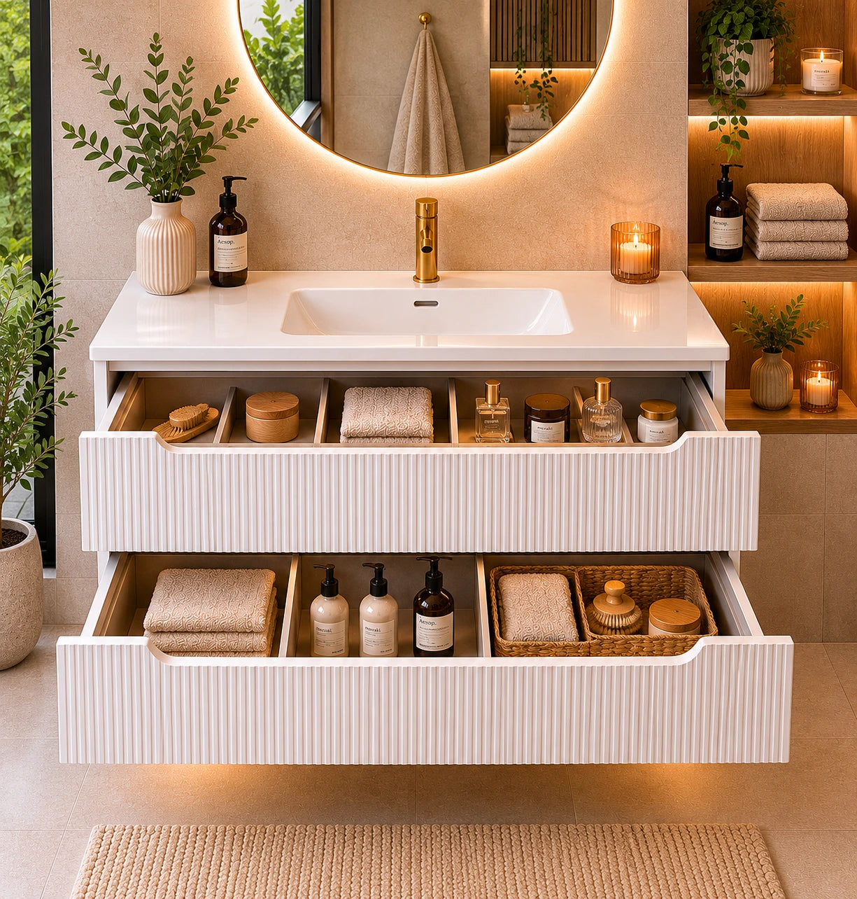 Meuble simple 80 cm avec vasque encastrée et 2 tiroirs Nova blanc
