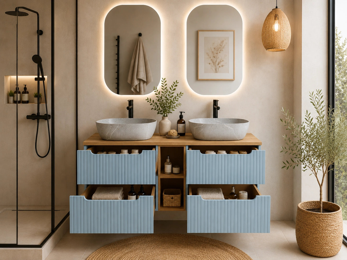 Meuble salle de bain Nova bleu sky 140 cm double vasque gris céramique niche ouverte