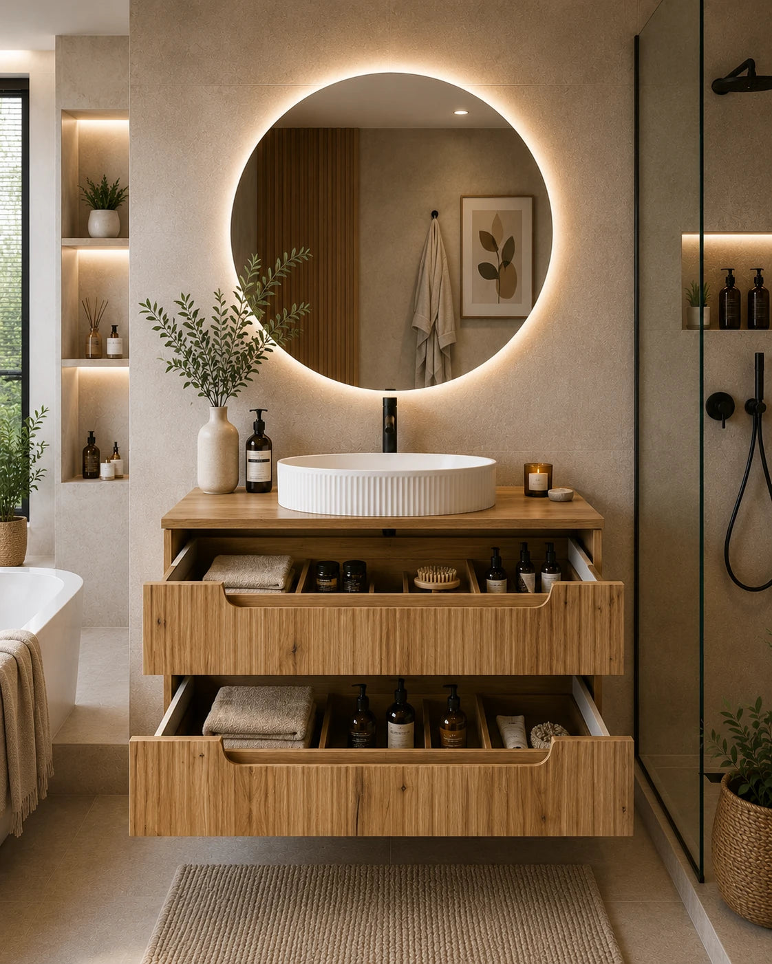 Meuble simple 80 cm avec vasque à poser et 2 tiroirs Nova chêne naturel