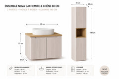 Ensemble salle de bain Nova cachemire et chêne 80 cm 2 portes avec vasque et colonne