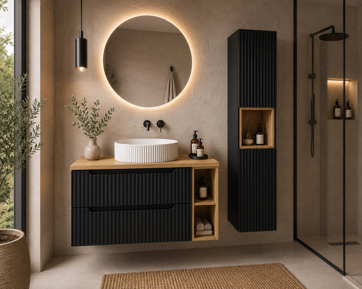 Ensemble salle de bain Nova noir et chêne 100 cm vasque à poser avec colonne