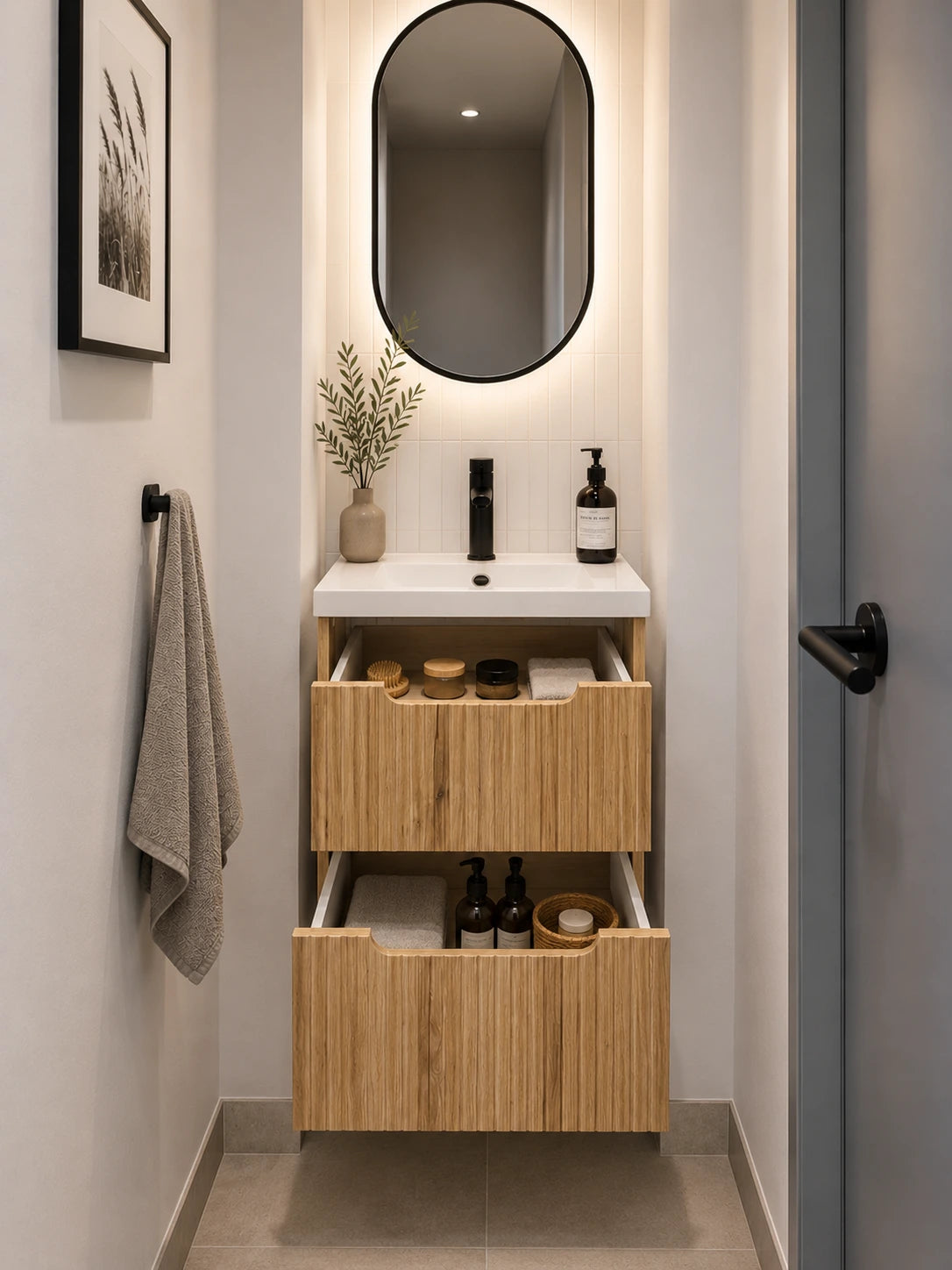 Meuble simple 50 cm avec vasque encastrée et 2 tiroirs Nova chêne naturel