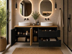 Meuble salle de bain Nova noir et chêne 140 cm double vasque niche fermée
