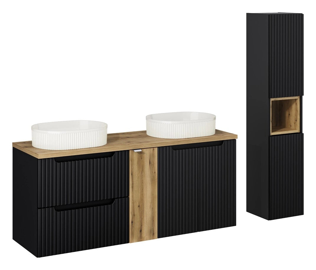 Ensemble salle de bain Nova noir et chêne 140 cm double vasque avec colonne niche fermée