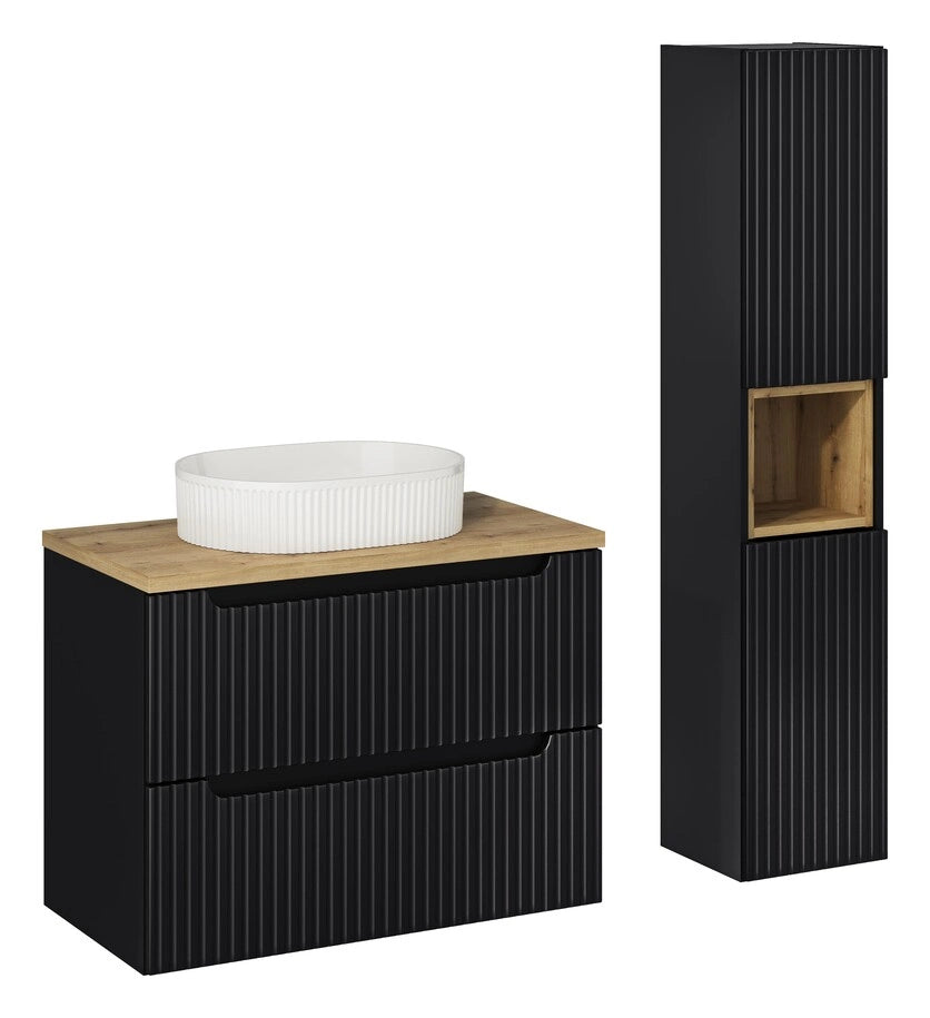 Ensemble salle de bain Nova noir et chêne 80 cm vasque blanche avec colonne