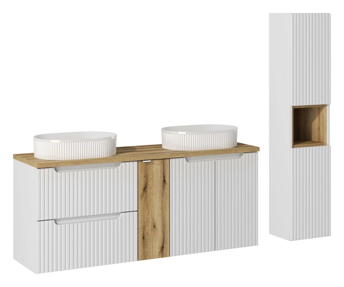 Ensemble salle de bain Nova blanc 140 cm double vasque à poser niche fermée et colonne