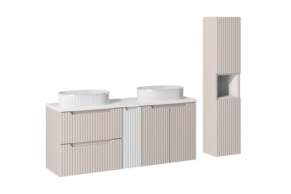Ensemble salle de bain Nova cachemire et blanc 140 cm double vasque avec colonne