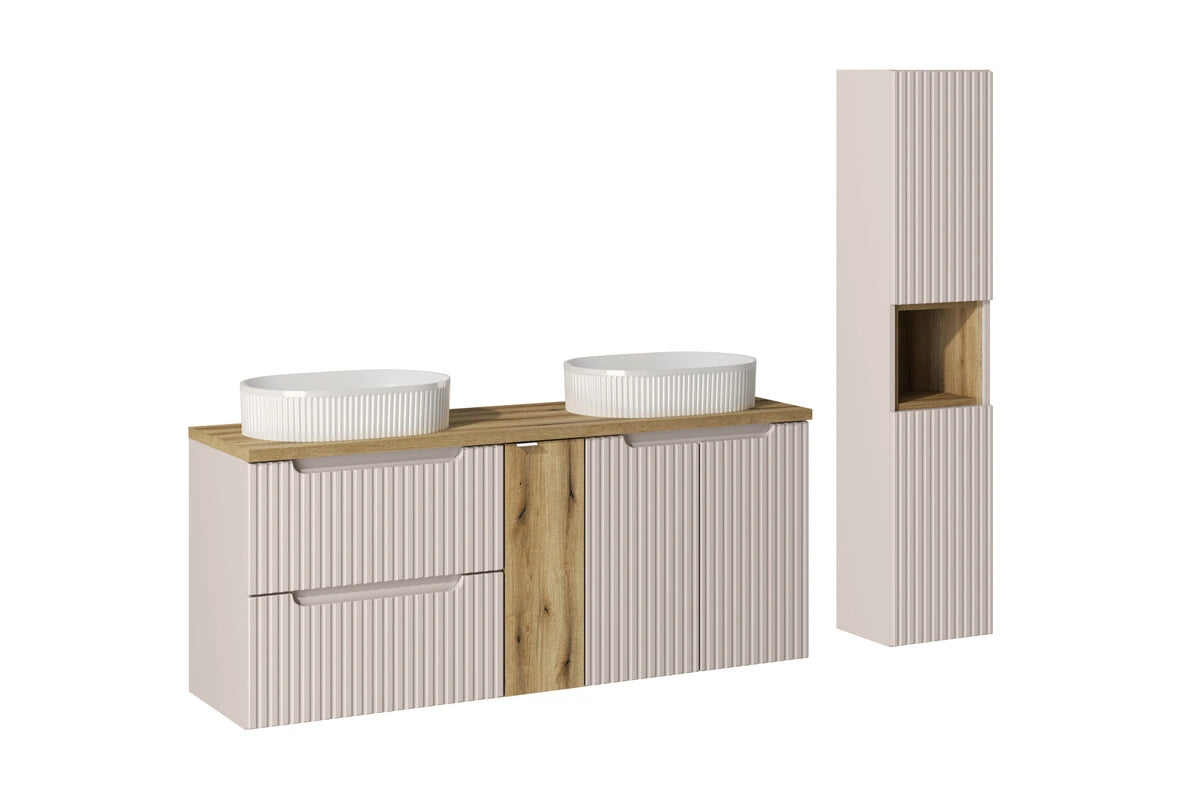 Ensemble salle de bain Nova cachemire et chêne 140 cm double vasque avec colonne