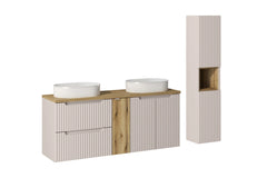 Ensemble salle de bain Nova cachemire et chêne 140 cm double vasque avec colonne