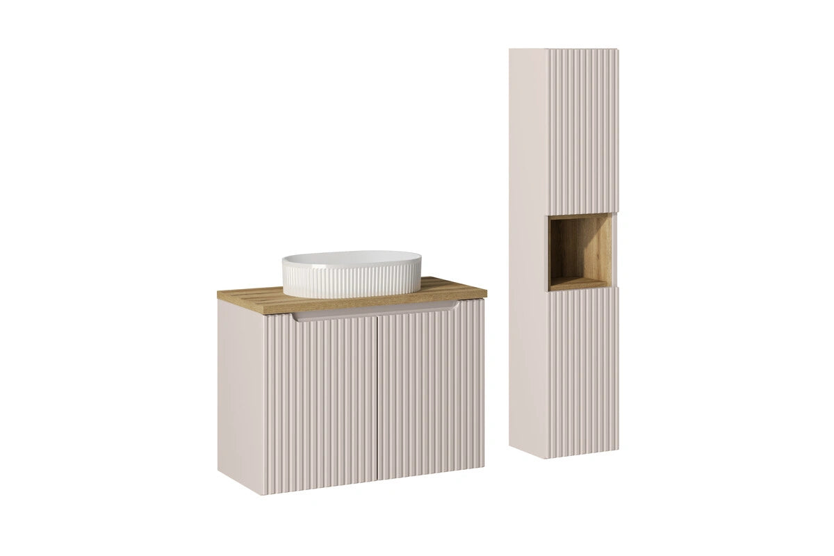 Ensemble salle de bain Nova cachemire et chêne 80 cm 2 portes avec vasque et colonne