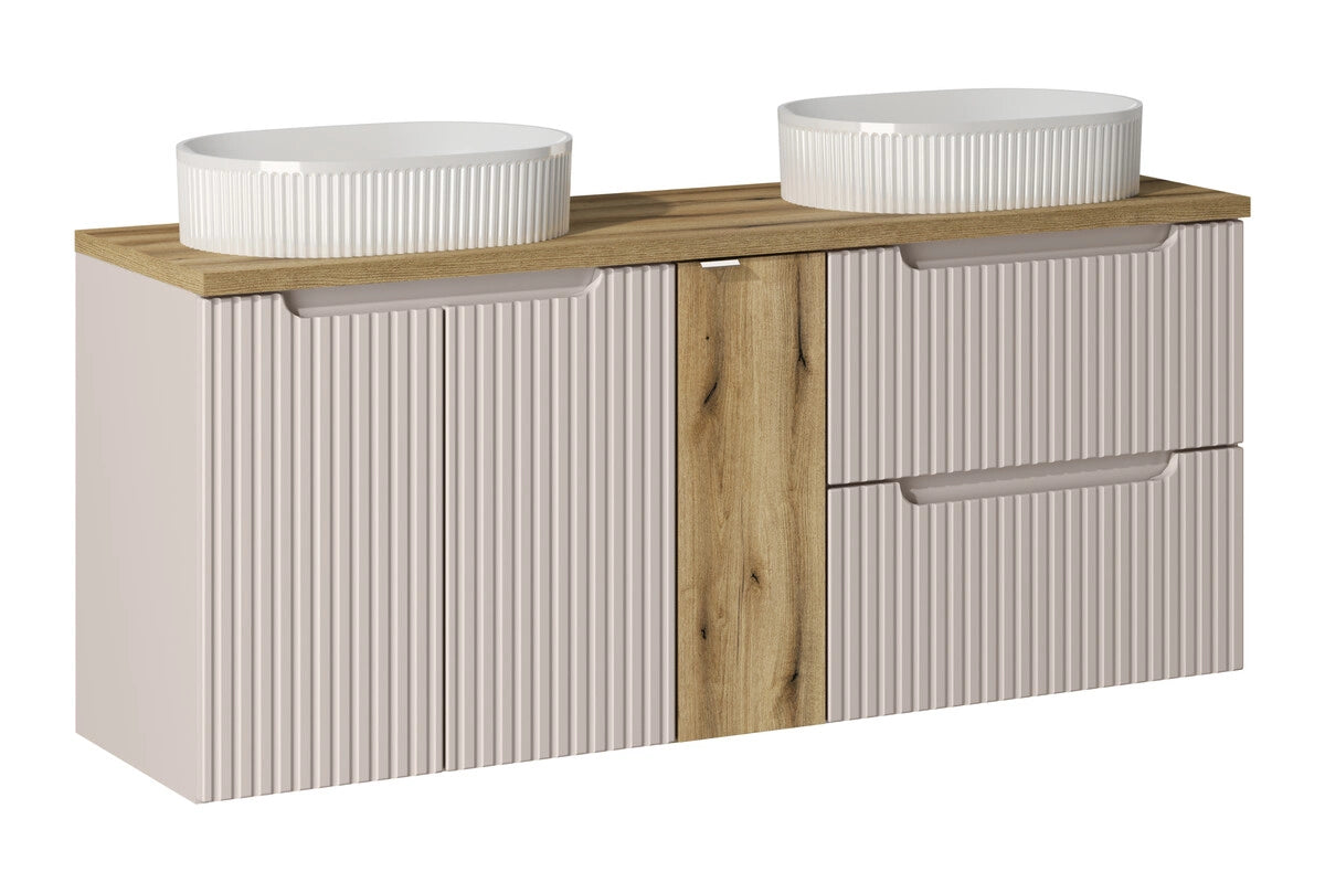 Meuble salle de bain Nova cachemire et chêne 140 cm double vasque niche fermée