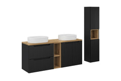 Ensemble salle de bain Nova noir et chêne 140 cm double vasque avec colonne niche ouverte