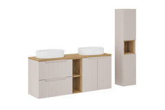 Ensemble salle de bain Nova cachemire et chêne 140 cm double vasque niche ouverte avec colonne