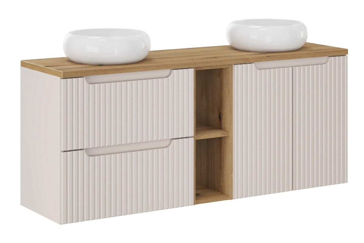 Meuble salle de bain Nova cachemire et chêne 140 cm double vasque niche ouverte