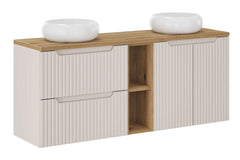 Meuble salle de bain Nova cachemire et chêne 140 cm double vasque niche ouverte