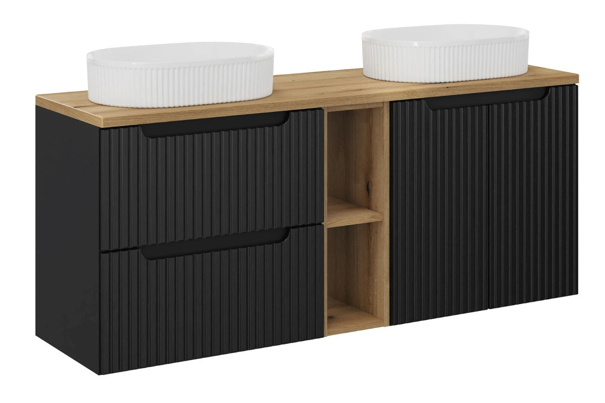 Meuble salle de bain Nova noir et chêne 140 cm double vasque niche ouverte