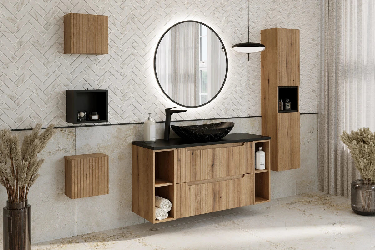 Meuble simple 60 cm avec vasque à poser et 2 tiroirs Nova chêne naturel