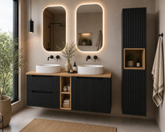 Ensemble salle de bain Nova noir et chêne 140 cm double vasque avec colonne niche ouverte