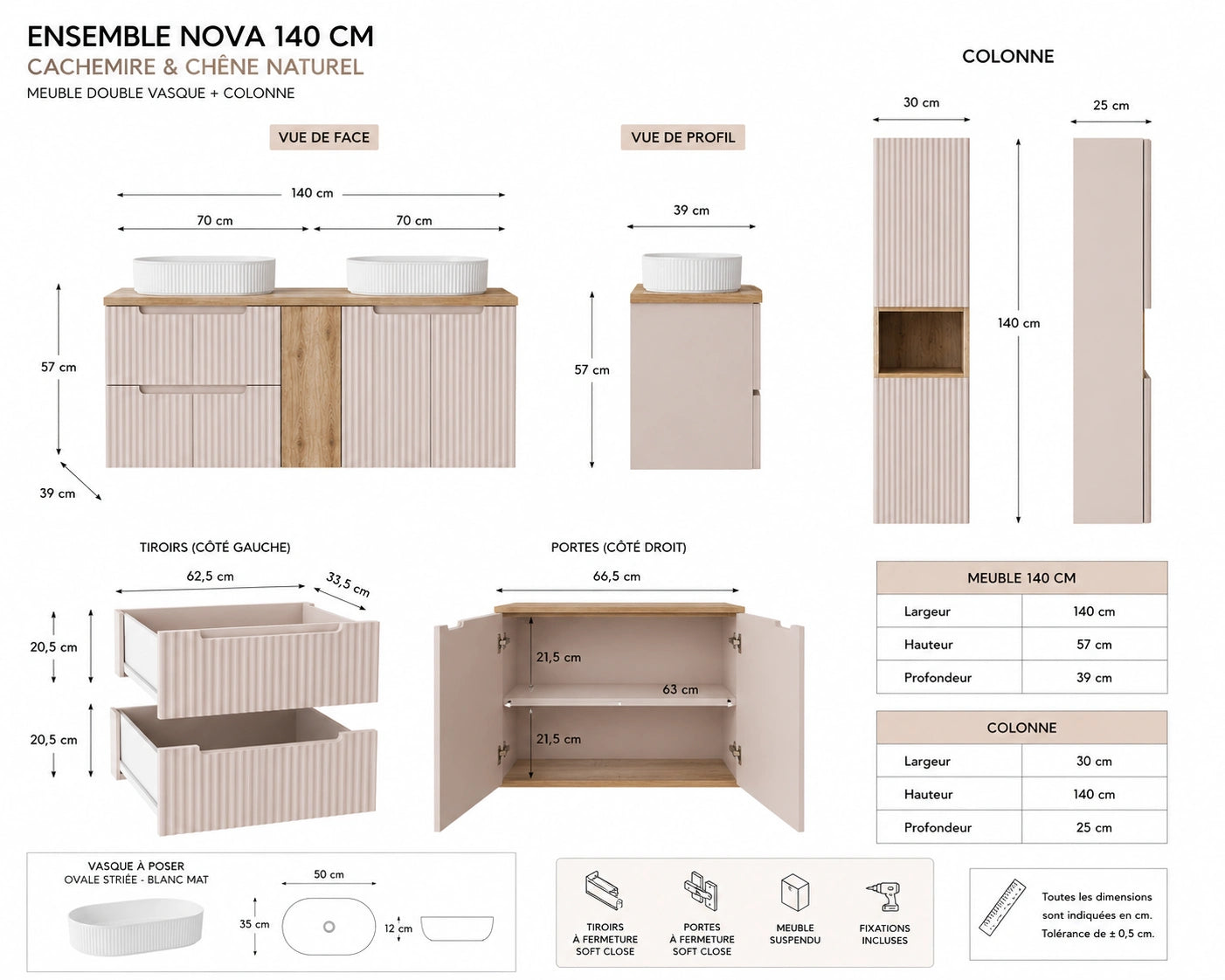 Ensemble salle de bain Nova cachemire et chêne 140 cm double vasque avec colonne